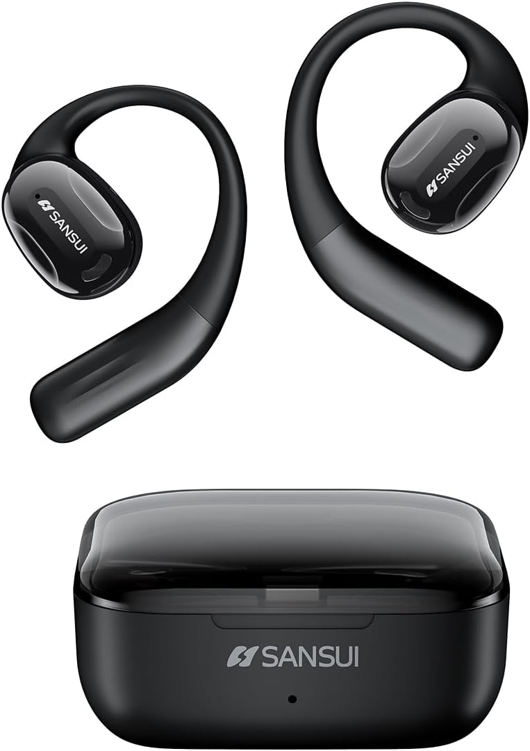 Sansui Open Ear Headphones,Wireless Earbuds with Ergonomic Earhook,Bluetooth Headphones 5.4 with Noise Cancelling Mic,56H Playtime,IP55 Waterproof Ear Buds for Cycling,Running,Workout(Black) - Image 1